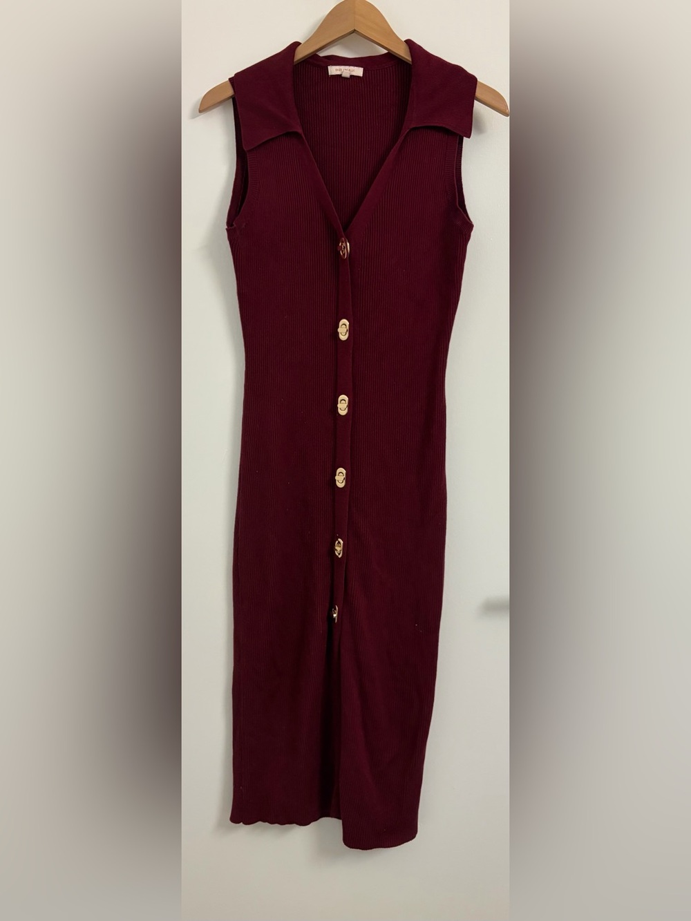 Skies Are Blue Sleeveless Ribbed Midi Dress in Burgundy with Gold Buttons